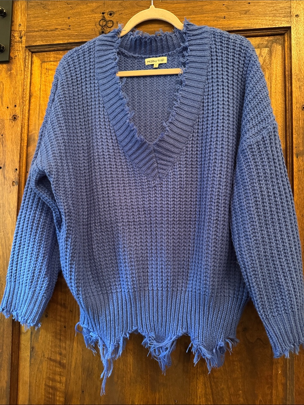 Main Strip Periwinkle Blue Distressed V-Neck Sweater